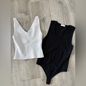 Babaton Ribbed V-Neck Tank & Scoop Bodysuit Set - White & Black